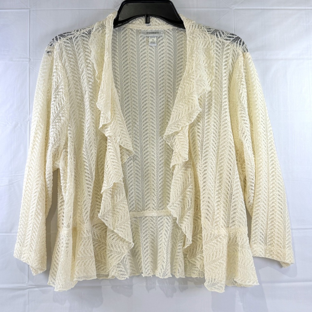 Dressbarn Womens 18 Cream Lace Ruffle Open Front Cardigan Peplum 268A4
